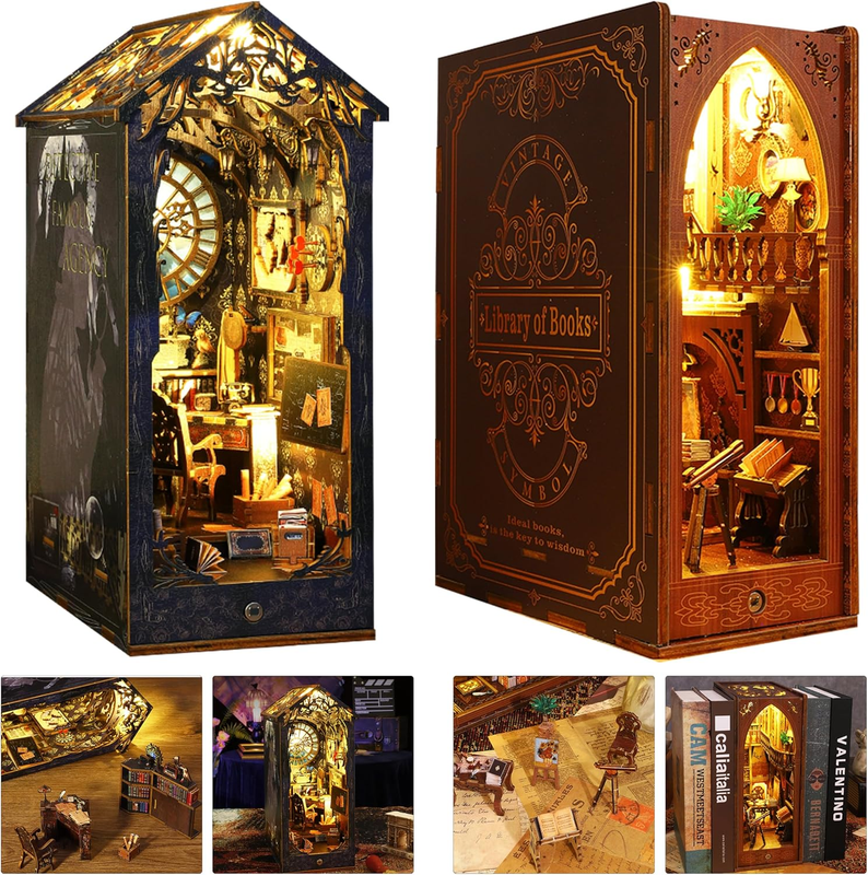 DIY Book Nook Kit, 3D Wooden Puzzle DIY Miniature House Kit for Shelf Insert Decoration, Magic Book House Stand Bookshelf Dollhouse for Adults with Sensor Light