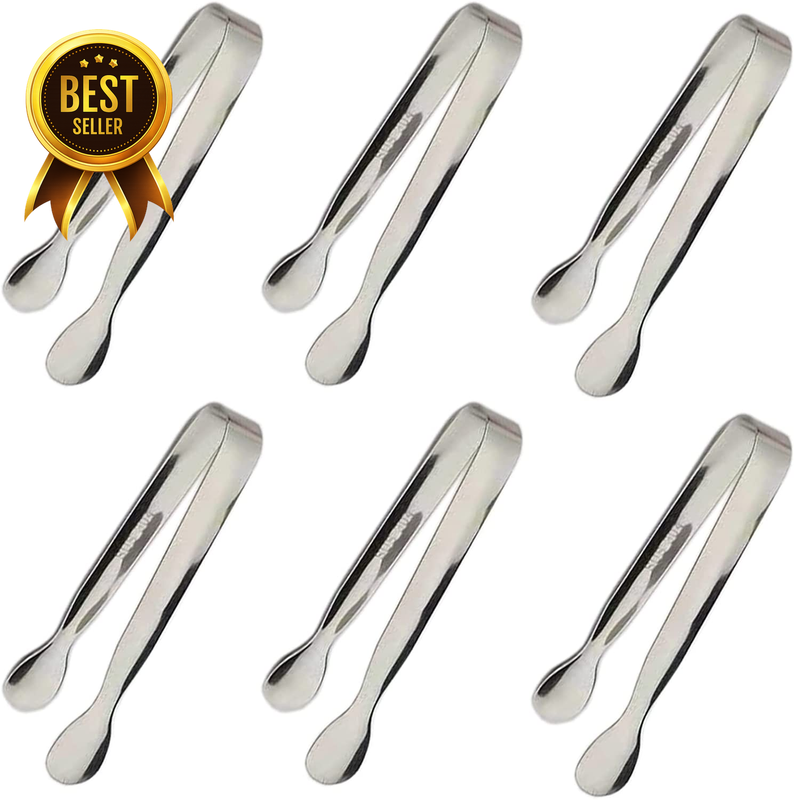 6-Piece 4.25-Inch Silver Stainless-Steel Mini Sugar and Ice Tong Set
