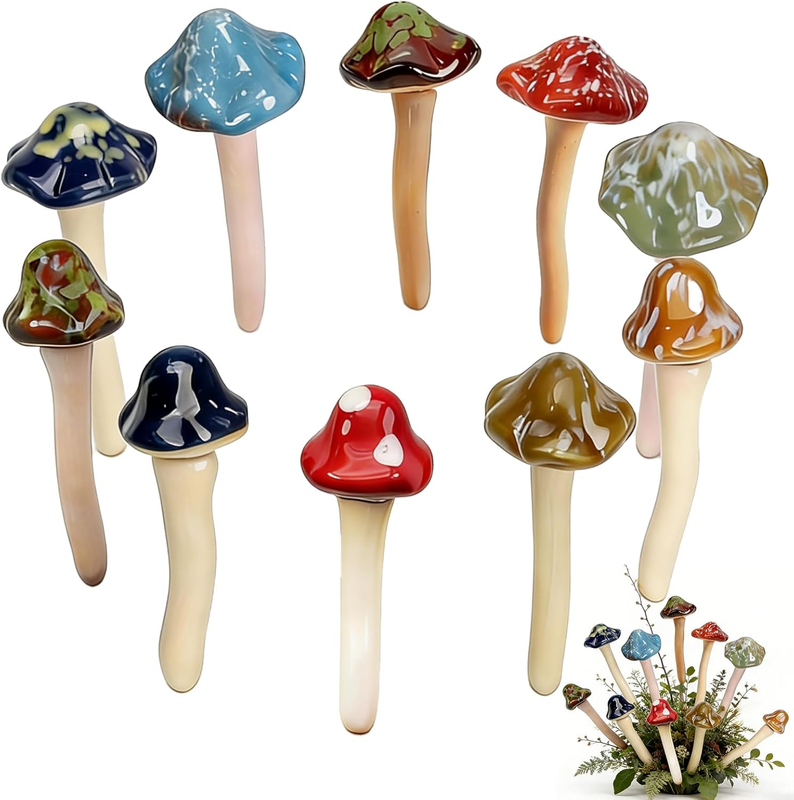 10 Pack Ceramic Mushroom Garden Decor, Outdoor Fairy Garden Ornament | 4.7
