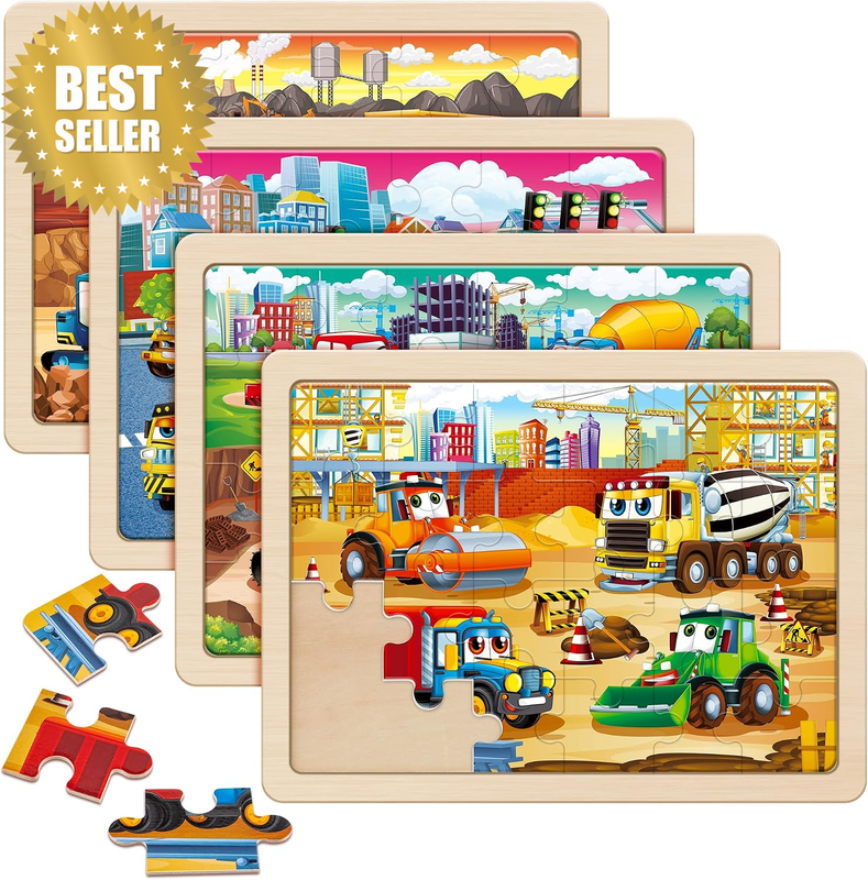 Large Wooden Construction Vehicle Puzzles for Kids 3-5, 4-In-1 Gift