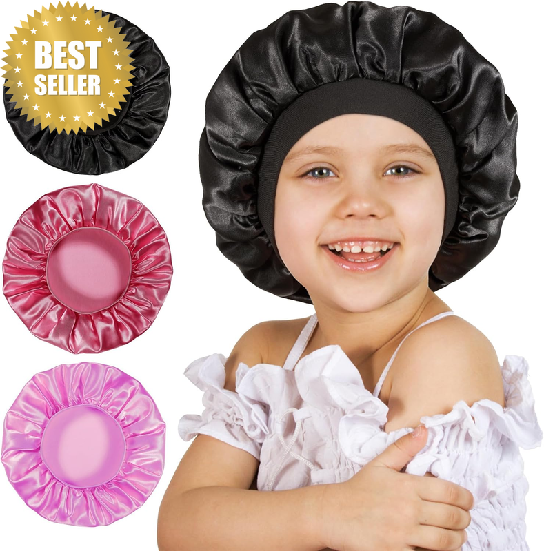 Silk Bonnet for Kids, 3 Pieces, Satin Sleep Cap for Curly Hair, Wide Band