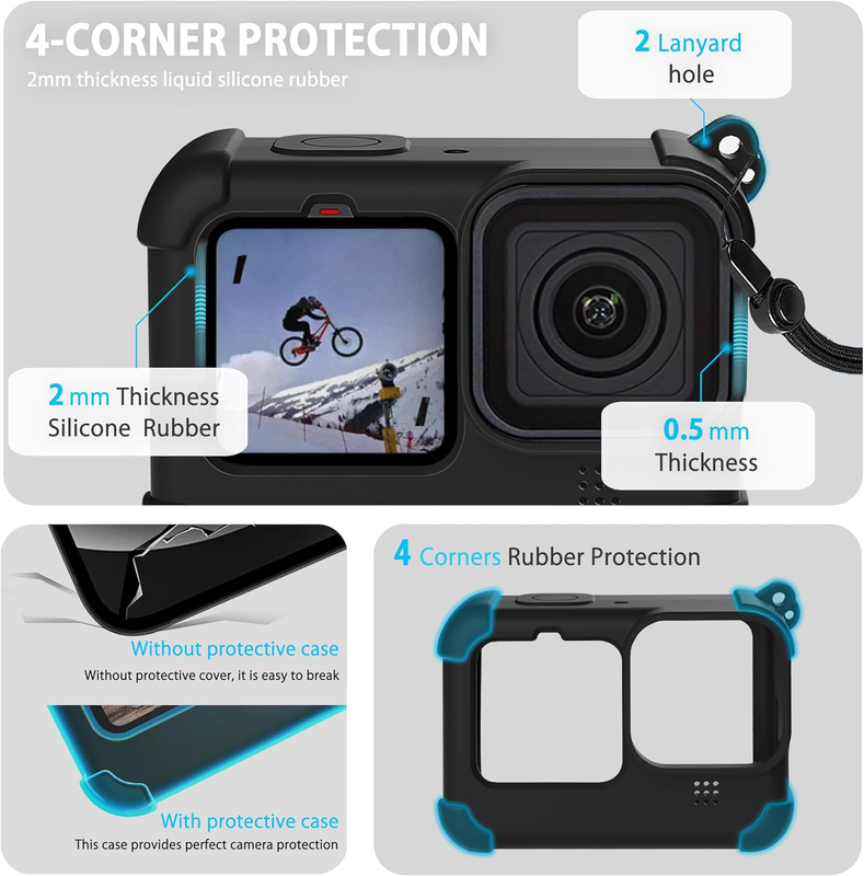 Black Silicone Sleeve Protective Case for Go Pro Hero 12/11/10/9 Black,Battery S