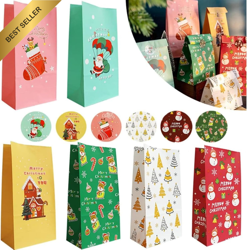 24 Medium Christmas Kraft Bags w/ Stickers Reusable Holiday Present Party Favor
