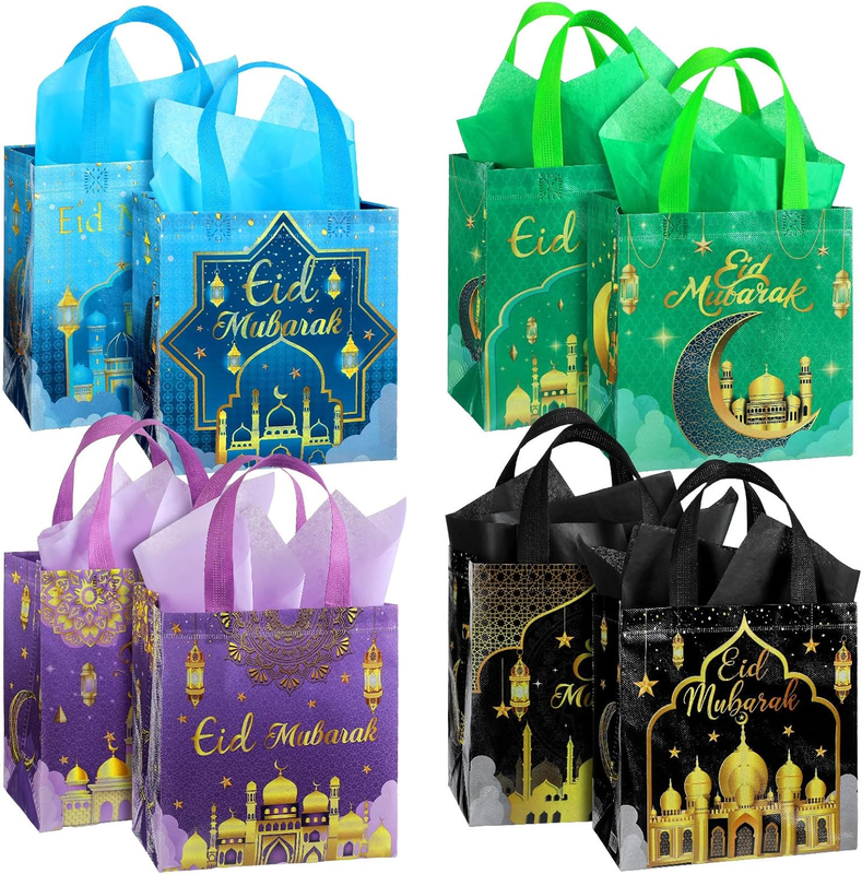 Eid Mubarak Gift Bags: 16Pcs with Tissue Paper, Handles | Reusable Non-Woven Mus