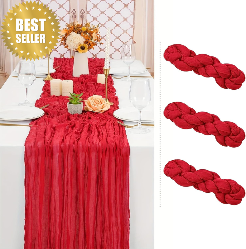Table Runners: 3 Pack Red Boho Decor – Sheer Gauze Table Runner 120 Inches Long,
