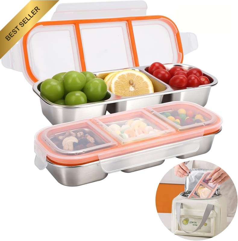 2 Pack Stainless Steel Snack Containers - Reusable 3 Compartment Condiment Box w