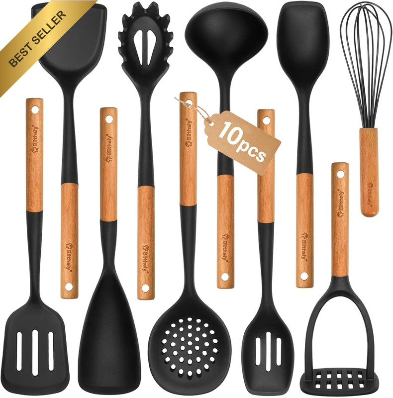 Large Silicone Cooking Utensils Set, 10Pcs Nonstick Kitchen Utensil Set with Woo