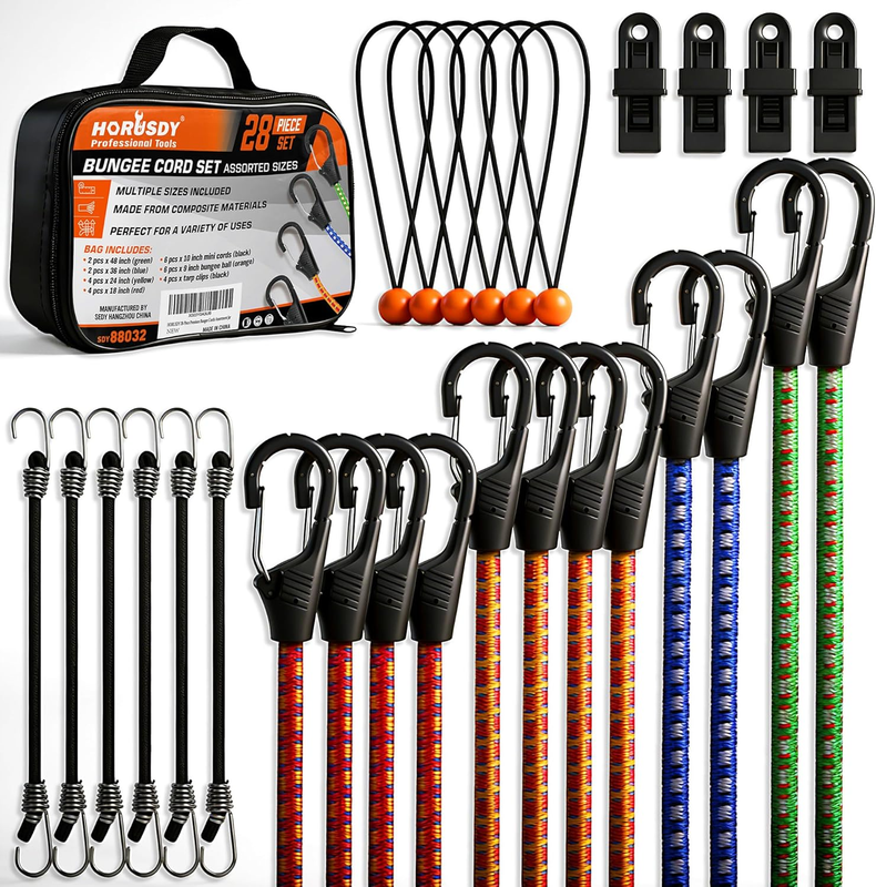 28-Piece Premium Bungee Cords with Hooks, Includes 10”, 18”, 24”, 36”, 48” Bunge