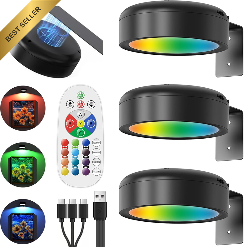 3 Pack Rechargeable RGB Picture Lights Battery Operated Wireless Magnetic Wall L