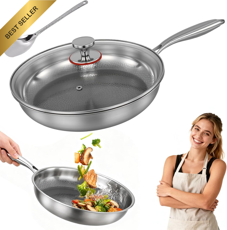 Titanium Hammered Pan Pro for Cooking, Titanium Panwith Lid, Stainless Steel Coo