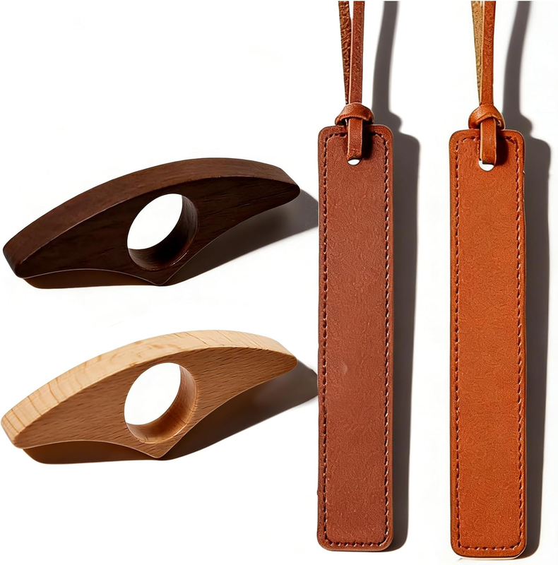 4 Piece Wooden Thumb Book Page Holders & Leather Book Marks Set; Ergonomic Loop