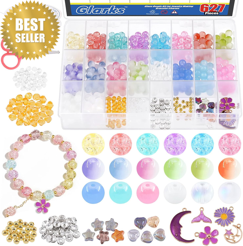 627pcs Glass Beads Kit Round & Diamond Crystal Charms Set for Jewelry Making