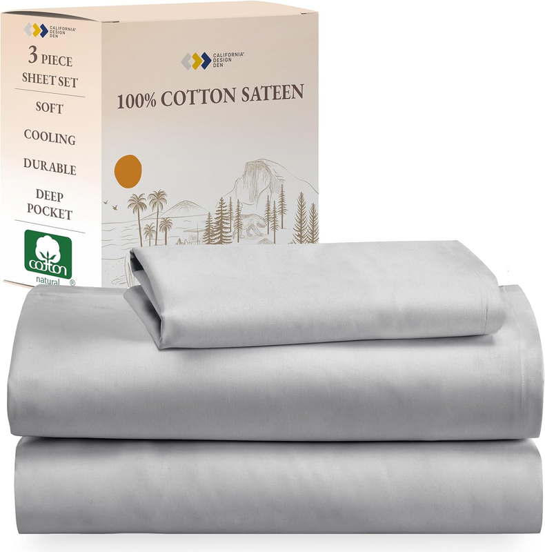 Soft 100% Cotton Twin-Xl Size Bed Sheet Sets with Deep Pockets, Extra Long Sateen Weave Cooling Sheets (Light Grey)
