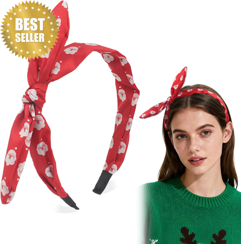 Christmas Headband Santa Claus Hair Band for Women Girls, Red Bow Top Knot Hair