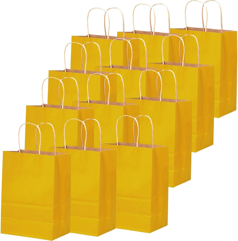 Medium 32Pcs Yellow Kraft Paper Bags with Handles 27X21X11Cm Gift Paper Bags Sol