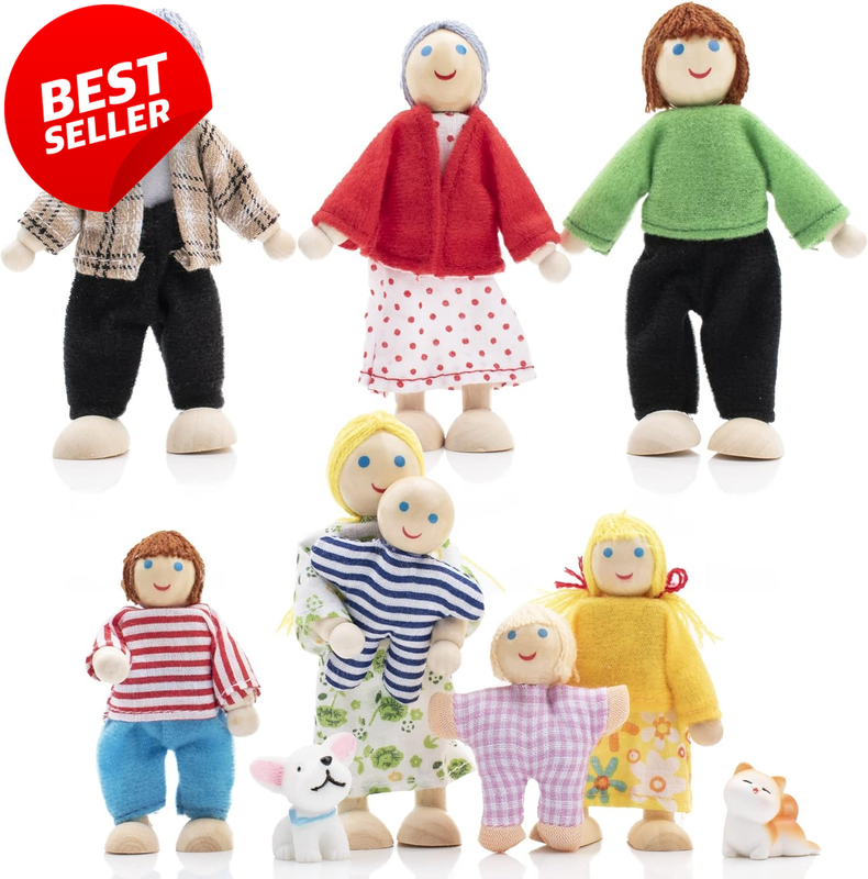 8-Piece Wooden Dollhouse Family Set with 2 Pets Mini Figures Kids Toy - US