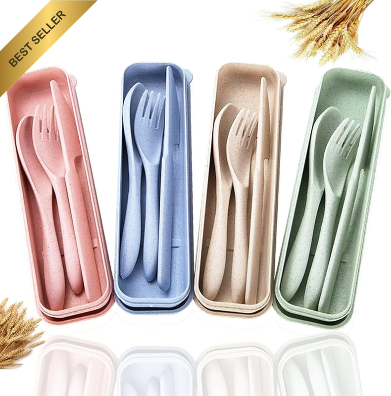 Reusable Travel Utensils Set with Case, 4 Sets Wheat Straw Portable Cutlery Set(