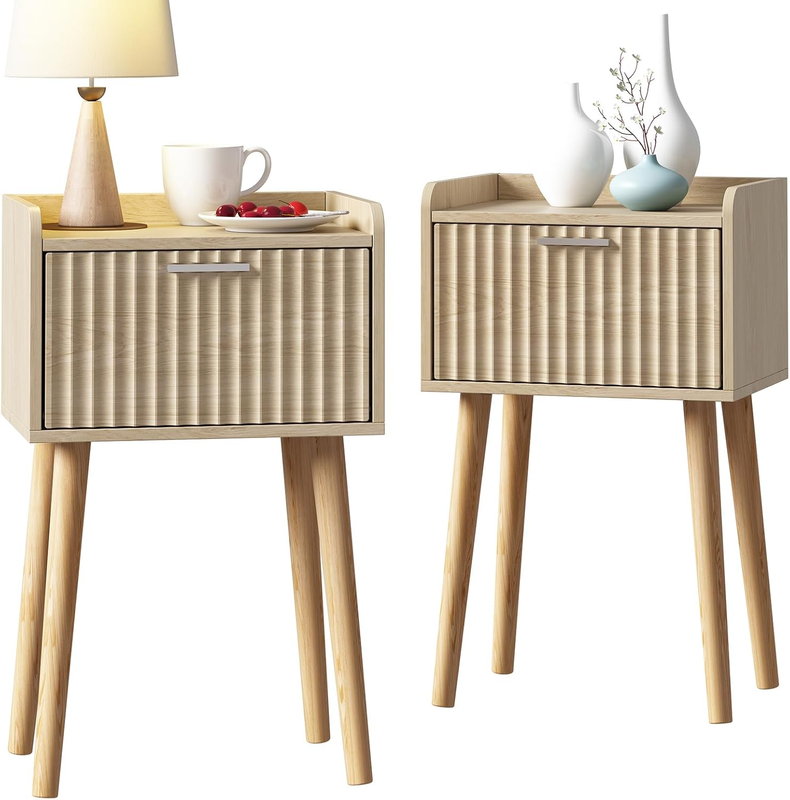 Nightstand Set of 2, Small Bed Side Table with Fluted Door, End Table with Solid Wood Legs, Mid-Century Bedside Table for Bedroom Small Space