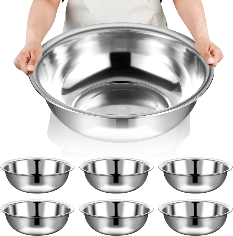 6 Pcs Stainless Steel Mixing Bowls Metal Mixing Bowls Extra Large Basin Salad Bowl with Deeper Edge, Dishwasher Safe, Mirror Finish for Home and Commercial, Silver (18 Inch 16 Qt)