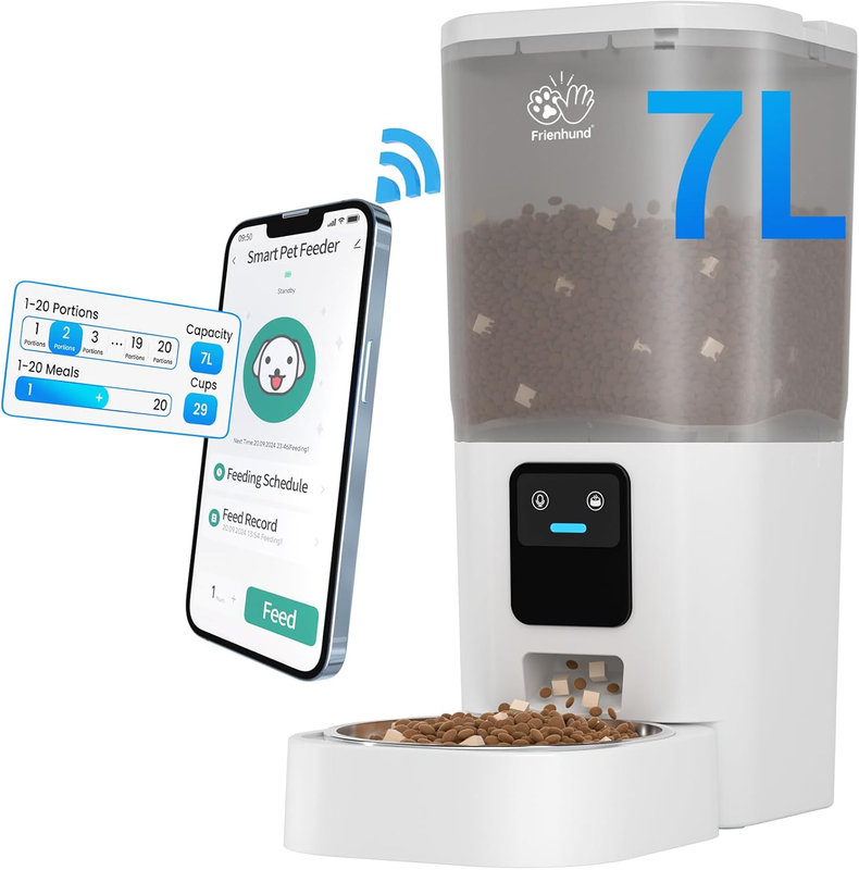 5G Wifi Automatic Cat Feeder with Wall Hook: Automatic Dog Feeder with 7L Large Cat Food Storage Container, Cat Food Dispenser with Alexa for Multiple Pets, Detachable for Easy Clean -29 Cup