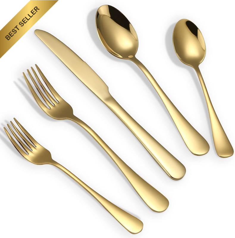 Golden Silverware Flatware Set 30PC for 6 SS Knife Spoon Fork Mirror Dishwasher
