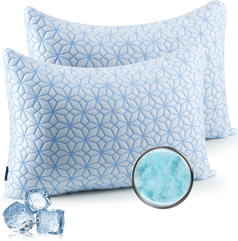 ® Pillows Queen Size Set of 2, Cooling Pillow Queen Size 2 Pack, Adjustable Shredded Memory Foam Pillows for Side Back Stomach Hot Sleepers, Ice Blue