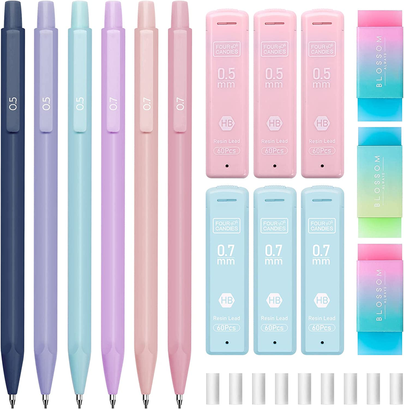Four Candies Cute Mechanical Pencil Set, 6PCS Pastel Mechanical Pencils 0.5 & 0.