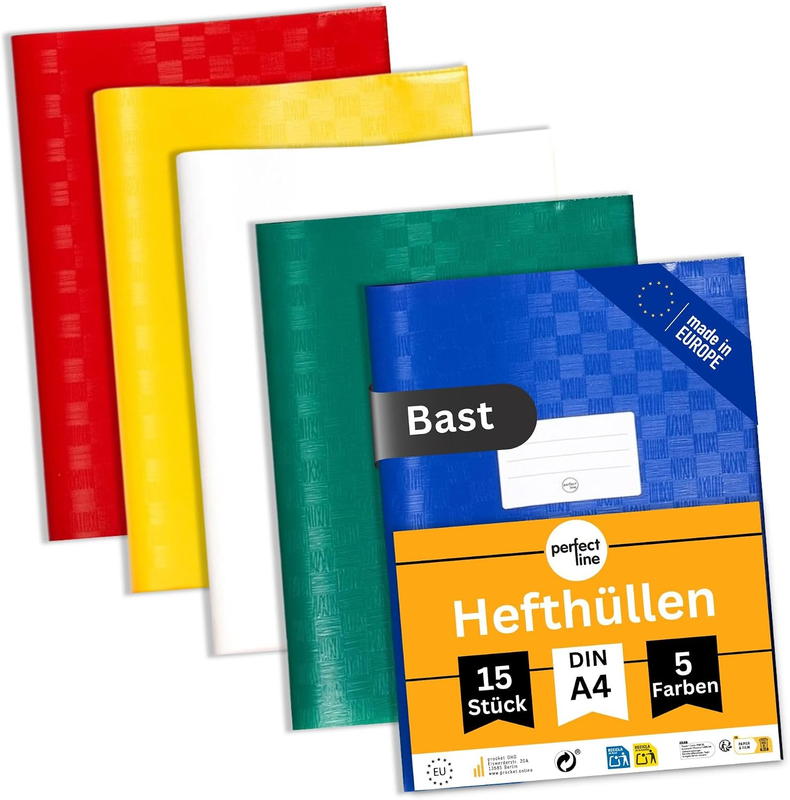 Perfect Line 15x Bast-Hefthüllen DIN A4, 5 Farben, PP, Etikett, dokumentenecht
