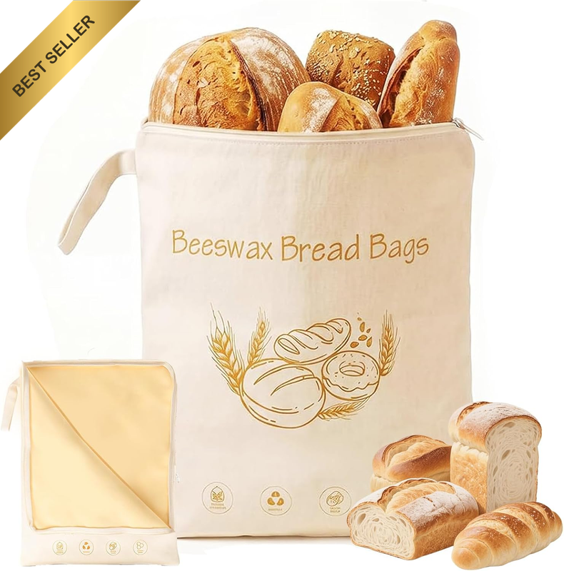 Zipper Beeswax Reusable Organic Cotton Bread Bags for Homemade Loaf Storage