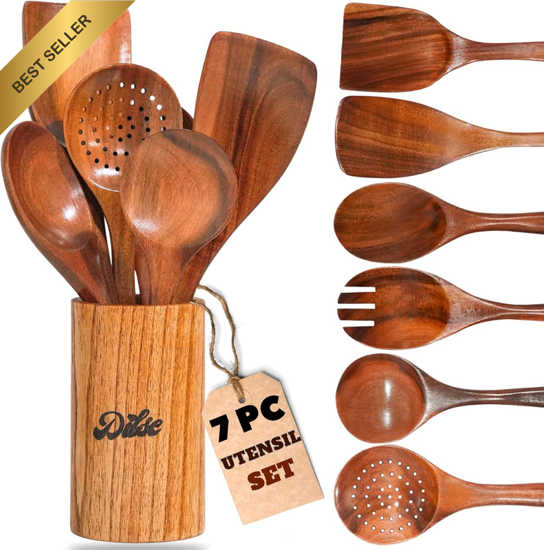 Wooden Spoons for Cooking, Wooden Kitchen Utensil Set with Storage Holder, Woode