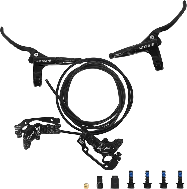 MTB 4 Pistons Hydraulic Disc Brake Set, Mountain Bike Left Front 850 Mm Right Rear 1630 Mm Bicycle Disk Break Aluminum Alloy Caliper Lever for Ebike/Folding Bicycle/Fat Bike Hd-M735(Pre-Bled)