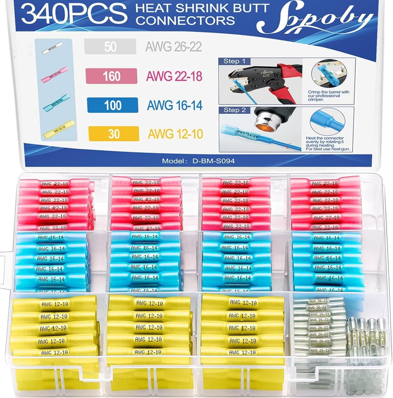 340PCS Heat Shrink Butt Connectors, Marine Grade Electrical Wire Connectors Kit