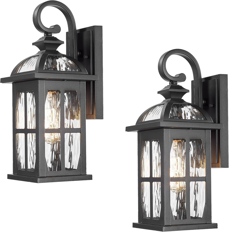 Outdoor Laterns Waterproof Aluminum Outdoor Wall Light Fixtures with Water Ripple Glass Black Finish Anti-Rust outside Wall Sconce Porch Lights for House Garage Doorway 2-Pack