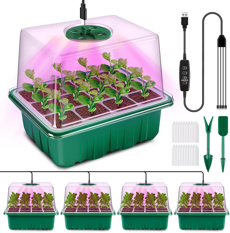 4 Pack Seed Starter Tray Kit w/ Grow Light Timer Humidity Dome