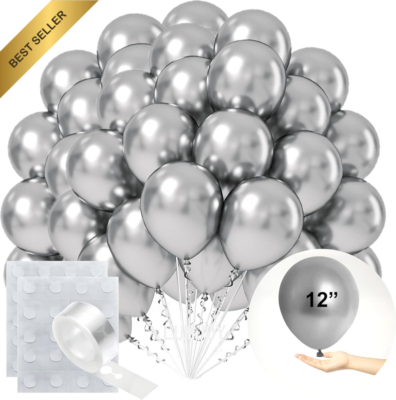 50 Pcs 12 Inch Metallic Silver Latex Balloons Chrome Helium Set with Accessories
