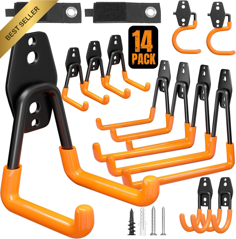 Garage Hooks Heavy Duty 14 Pack Wall Mount Storage Hangers with Mop Broom Holder