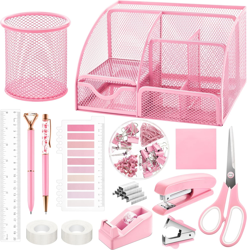 11 Pcs Pink Office Supplies Set Mesh Desk Organizer Accessories Kit Include Stap