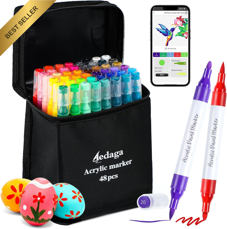 48 Colors Dual Tip Acrylic Paint Markers Brush Fine Tip w/Free App Multi-Surface