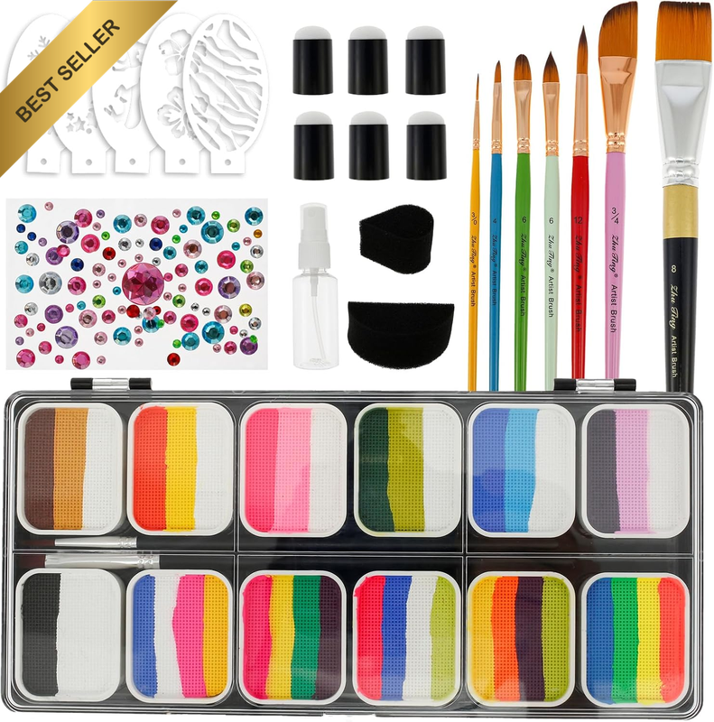 Face Paint Kit Water Based Split Cakes Brush Stencil Non-Toxic Washable