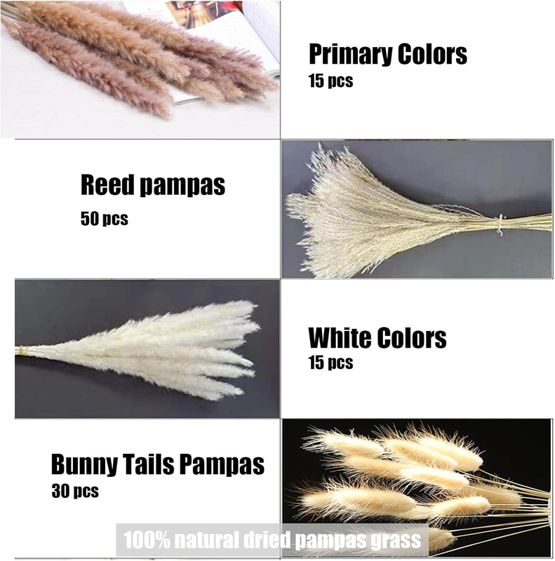 Pampas Grass Decor 110 pcs 17.5 inch Natural Dry Pampas - 15 Pcs White Pampas &