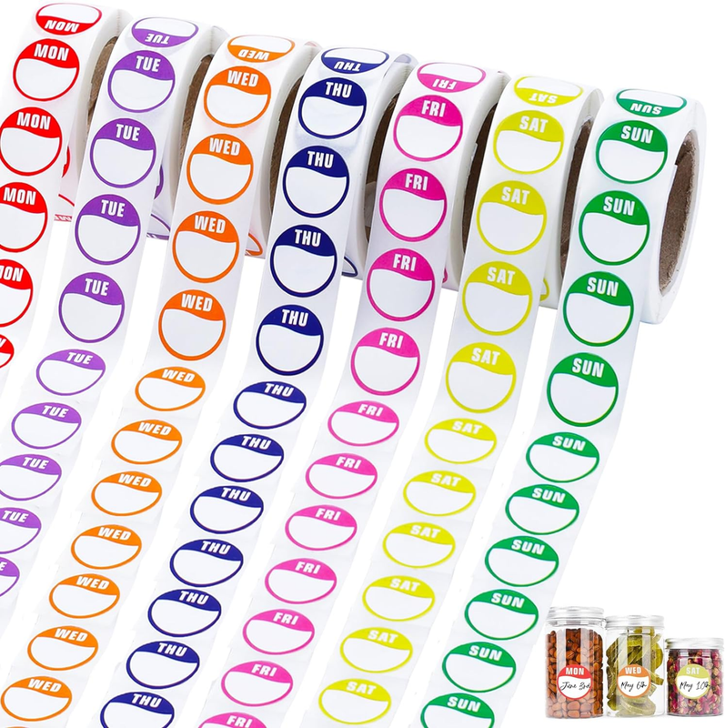 Days of the Week Stickers,3500 Food Labels Stickers,Circular Full Week Day Dots