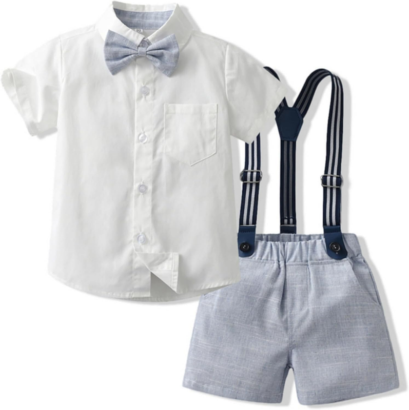 Toddler Boy Summer Gentleman Outfits Short Sleeve Shirt with Bowtie Suspender Sh