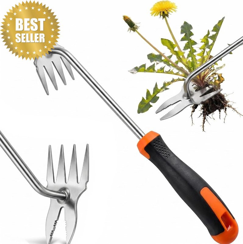 Hand Weeder Tool, Heavy Duty Stainless Steel Garden Weed Puller with 4-Tine & Ro