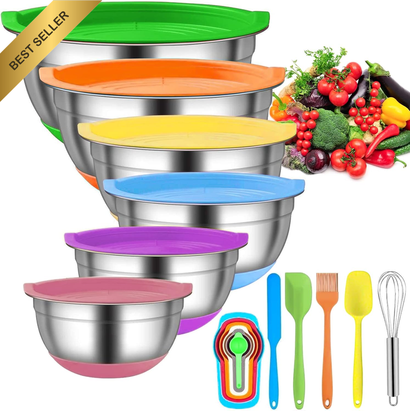 6 Pcs Stainless Steel Mixing Bowls w/Lids Utensils Non-Slip Baking Cooking