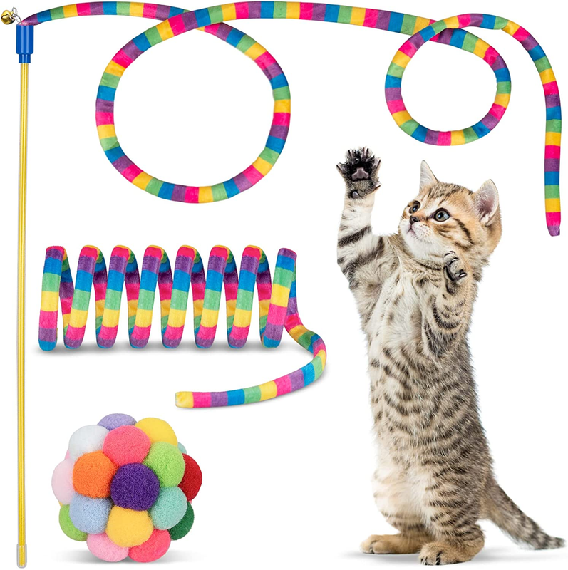 , Cat Wand Teaser Toys Cat Fuzzy Balls With Bell Inside And Cat Springs,