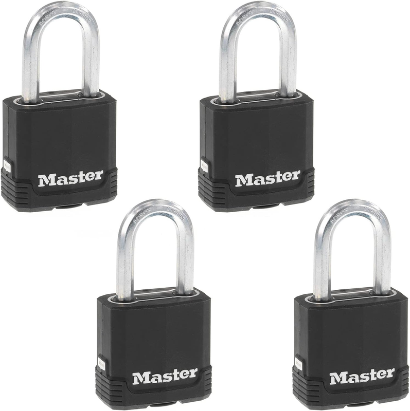 Master Lock Black Outdoor Key Lock, Heavy Duty Weather Resistant Padlock with Cover, Keyed Alike Padlocks for Outdoor Use, 4 Pack, M115XQLF