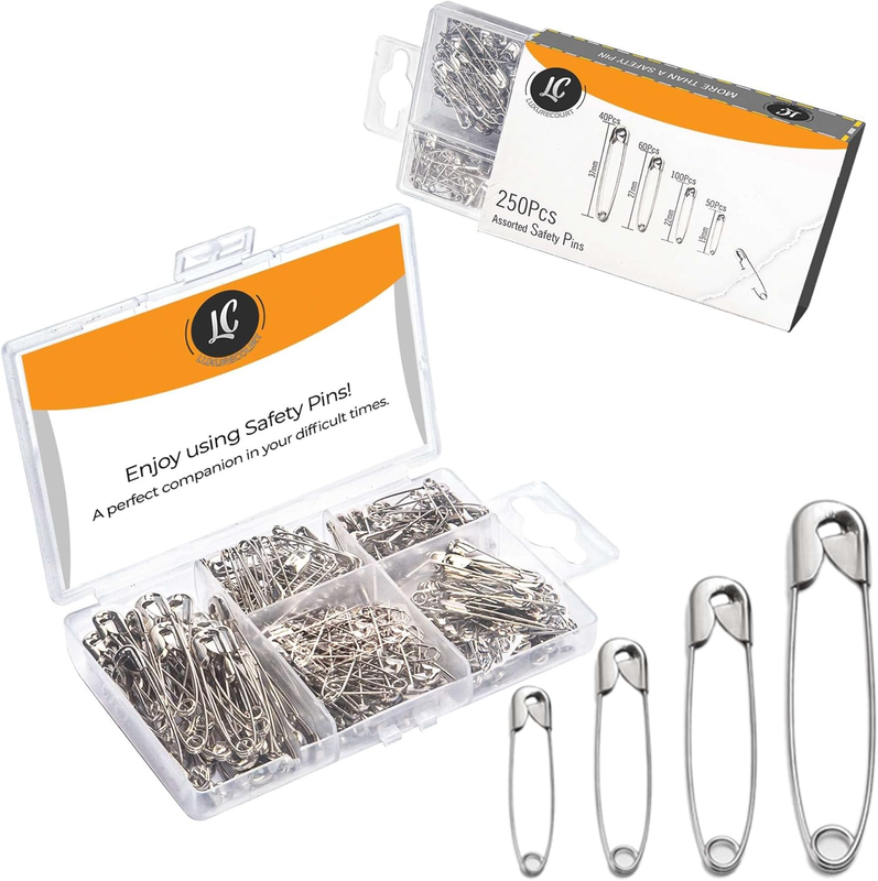 250 Pack Safety Pins by , 4 Assorted Sizes of Durable, Silver Small and Large Sa