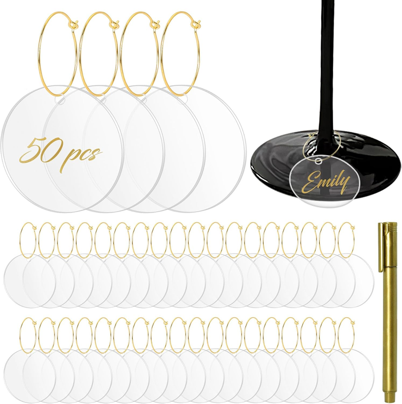 Philbinden 50 Pcs Wine Glass Charms - round Acrylic Blank Wine Markers for Stem