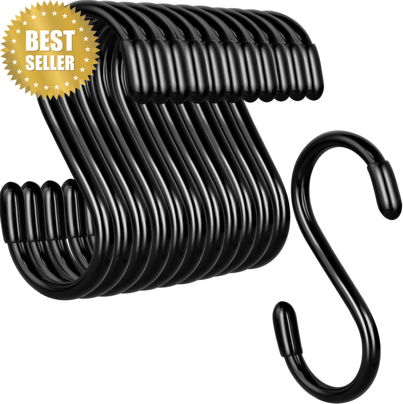 12 Pack Vinyl Coated S Shaped Hooks, Black Non-Slip Rubber Metal Hooks for Close