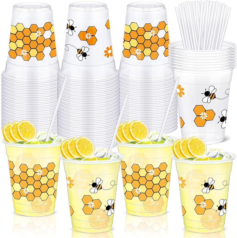 Sliner 50 Pcs Clear Honey Cups - 12 Oz Disposable Drinking Cups with Straws - Be